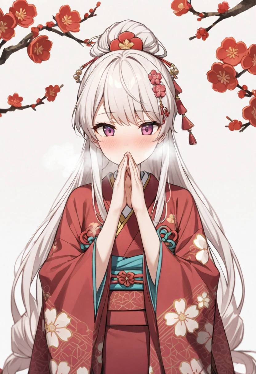 Beautifully tied hair、Hair clip、Hair tied up with hair accessorieasterpiece, best quality:1.2), 1girl, 独奏,long hair、White Hair、Plum blossom、Plum family crest、Red kimono、白髪のlong hair、、Plum hair ornament、梅のHair clip、White Hair、long hair、Plum motif accessories、Plum pattern、White background、whole body、breath,breath、Hair Up、Spread-eagled pose