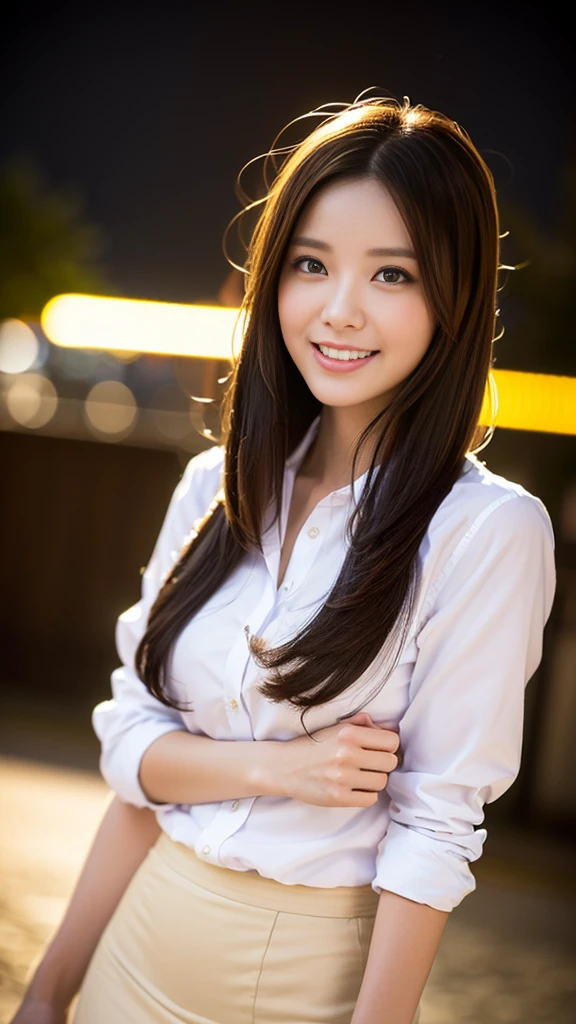 (a gorgeous lady, age 22, Formal Office Lady, white shirt and mini-skirt, natural pose under night sky, dimpled smile, modern korean bob hairstyle, cute snaggletooth, ample round bosom, photorealistic, beautiful detailed eyes, beautiful detailed face, hyper-realism, high contrast, ultra HD, realistic skin textures, top image quality, top-quality, super high resolution, fine details, very meticulously, the Cowboy shot, bokeh background)