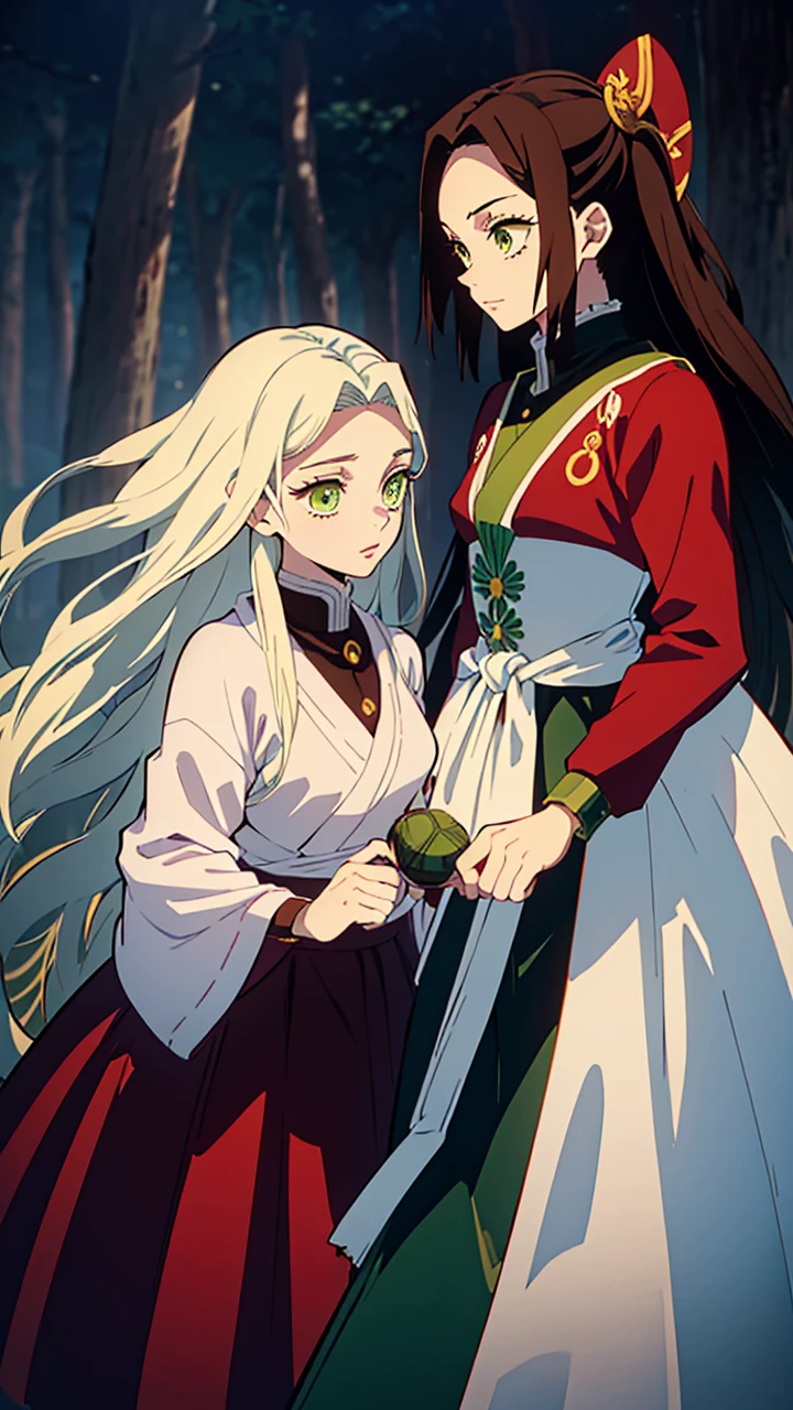 (Best quality:1.3), (a woman:1.1), (green eyes:1.2), (brown long straight hair:1.4) (manga style:1.5) En el estilo de Kimetsu no Yaiba, The girl with long white hair with red streaks and yellow eyes, beautiful and delicate features, in a fighting position next to her brother, the brother has long white hair with a single red streak, both in a fighting stance with katanas, wearing the clothes of combat in Kimetsu no Yaiba, the brother is taller than the sister