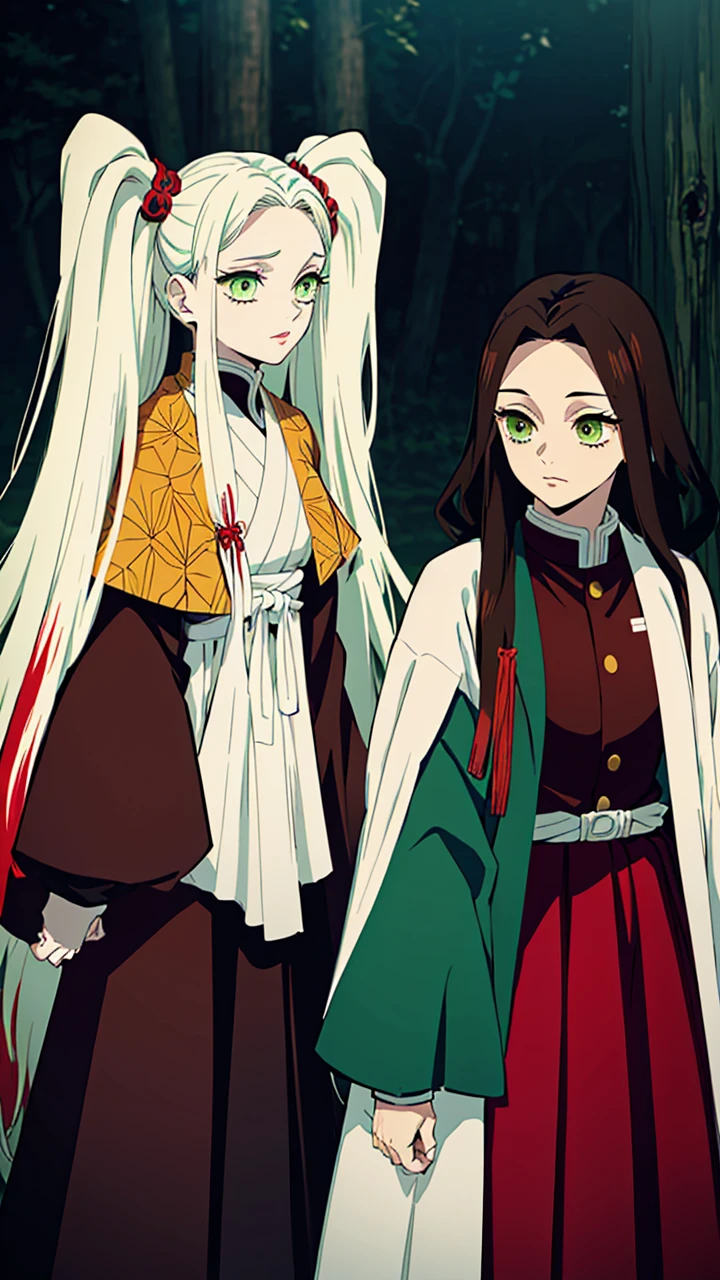 (Best quality:1.3), (a woman:1.1), (green eyes:1.2), (brown long straight hair:1.4) (manga style:1.5) En el estilo de Kimetsu no Yaiba, The girl with long white hair with red streaks and yellow eyes, beautiful and delicate features, in a fighting position next to her brother, the brother has long white hair with a single red streak, both in a fighting stance with katanas, wearing the clothes of combat in Kimetsu no Yaiba, the brother is taller than the sister