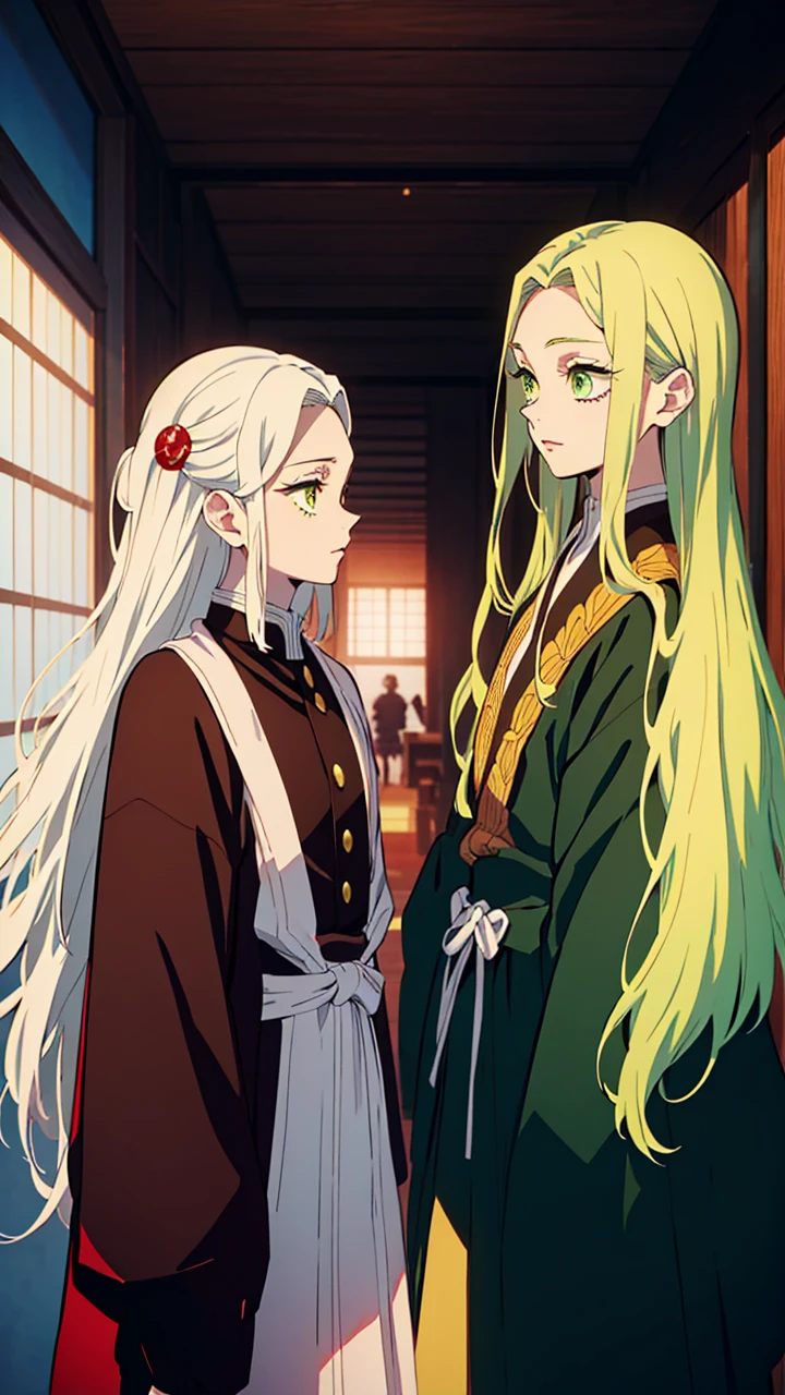 (Best quality:1.3), (a woman:1.1), (green eyes:1.2), (brown long straight hair:1.4) (manga style:1.5) En el estilo de Kimetsu no Yaiba, The girl with long white hair with red streaks and yellow eyes, beautiful and delicate features, in a fighting position next to her brother, the brother has long white hair with a single red streak, both in a fighting stance with katanas, wearing the clothes of combat in Kimetsu no Yaiba, the brother is taller than the sister
