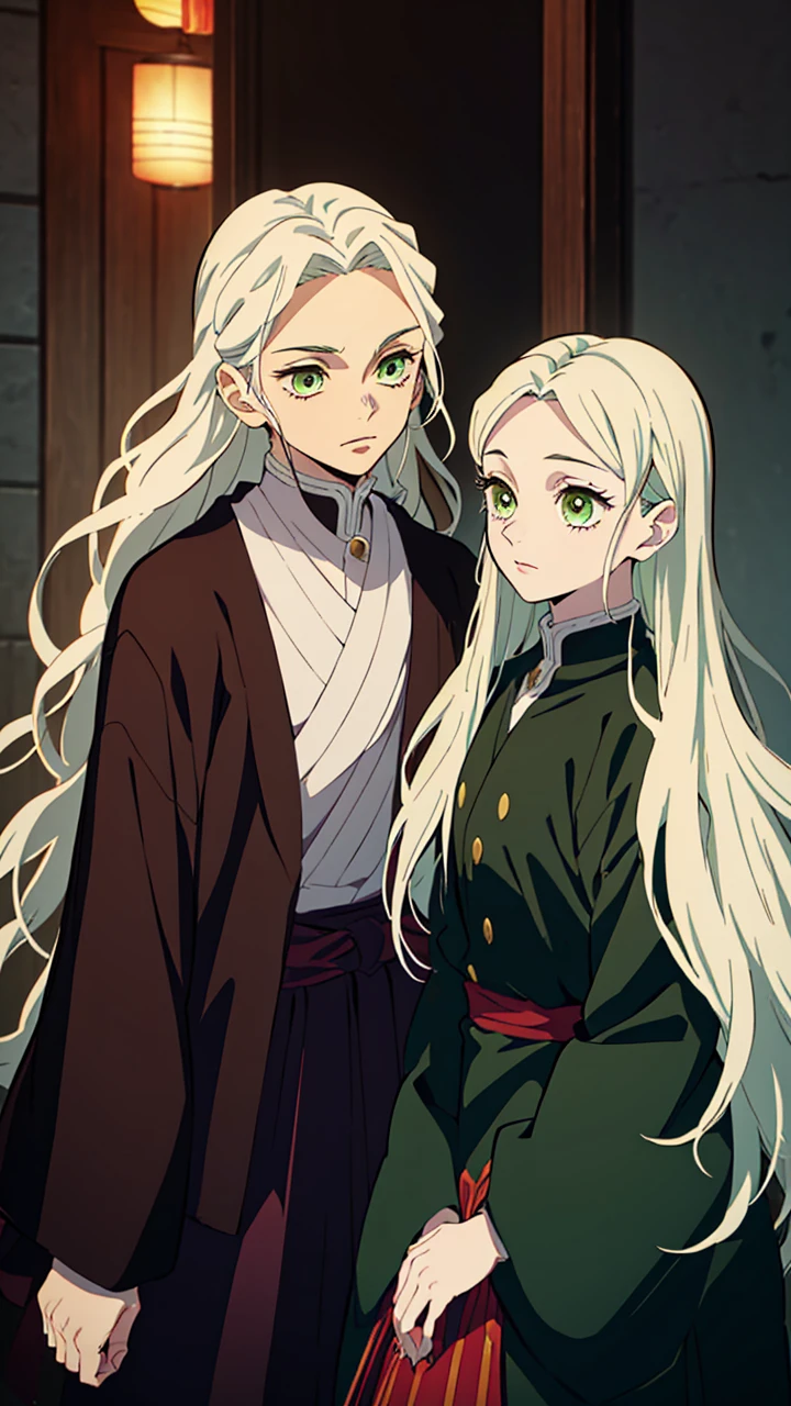 (Best quality:1.3), (a woman:1.1), (green eyes:1.2), (brown long straight hair:1.4) (manga style:1.5) En el estilo de Kimetsu no Yaiba, The girl with long white hair with red streaks and yellow eyes, beautiful and delicate features, in a fighting position next to her brother, the brother has long white hair with a single red streak, both in a fighting stance with katanas, wearing the clothes of combat in Kimetsu no Yaiba, the brother is taller than the sister