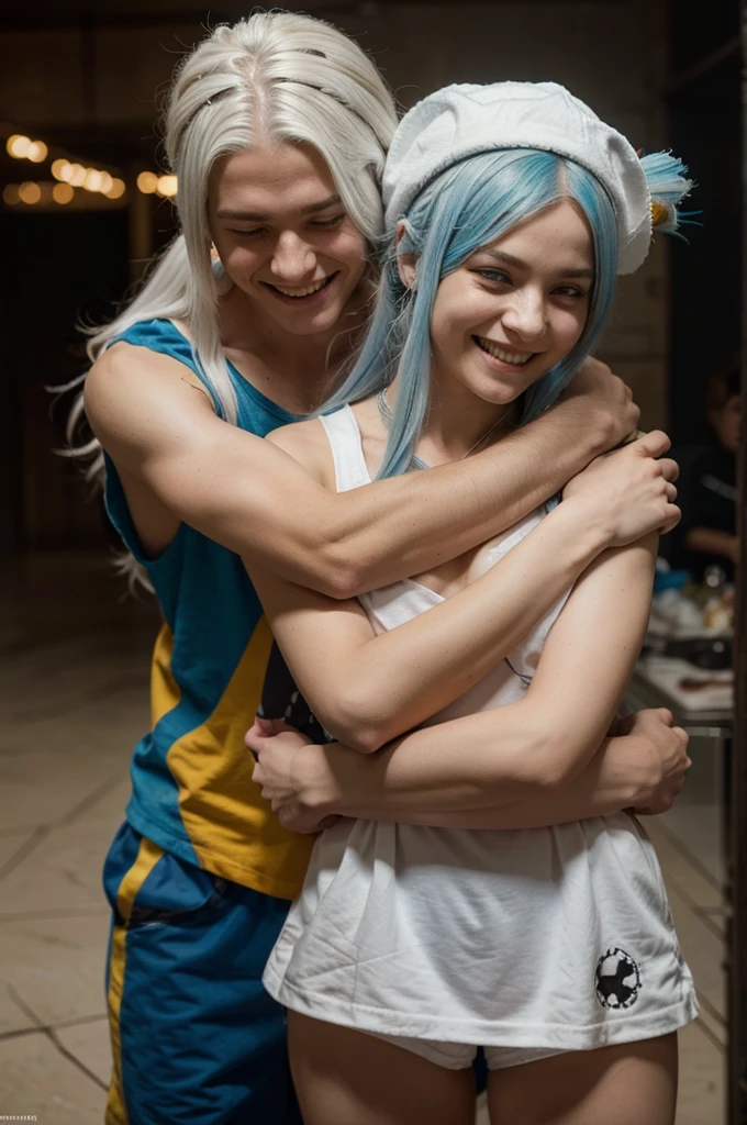 two free fire characters, there is a girl and a boy hugging each other, the girl has long white hair tied up and has a flaming skull hat on the side of her head who is hugging the boy character next to her while laughing then the boy character is embracing the girl character and  smiling at the girl character, the boy character doesn't wear clothes but has blue stripes on his body with white hair and a little yellow on the front and is split in two.