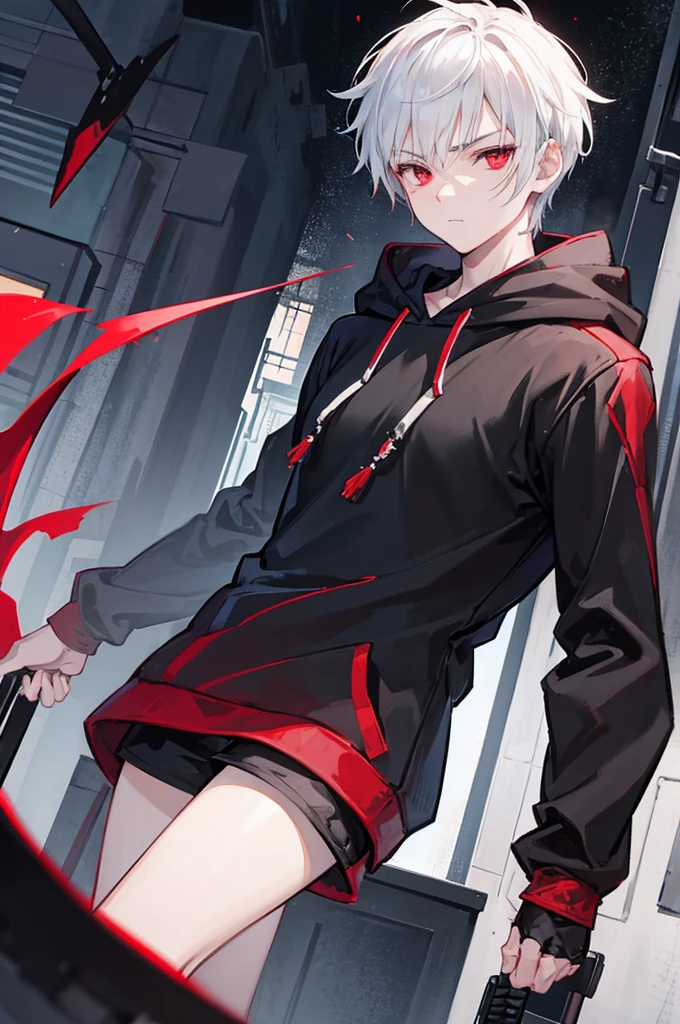 A young man with short white hair, red eyes, masculine face. Wearing a black hoodie with gray details. He is standing, looking to the side. On a center of a city. Dungeons and Dragons art direction, studio ghibli Style