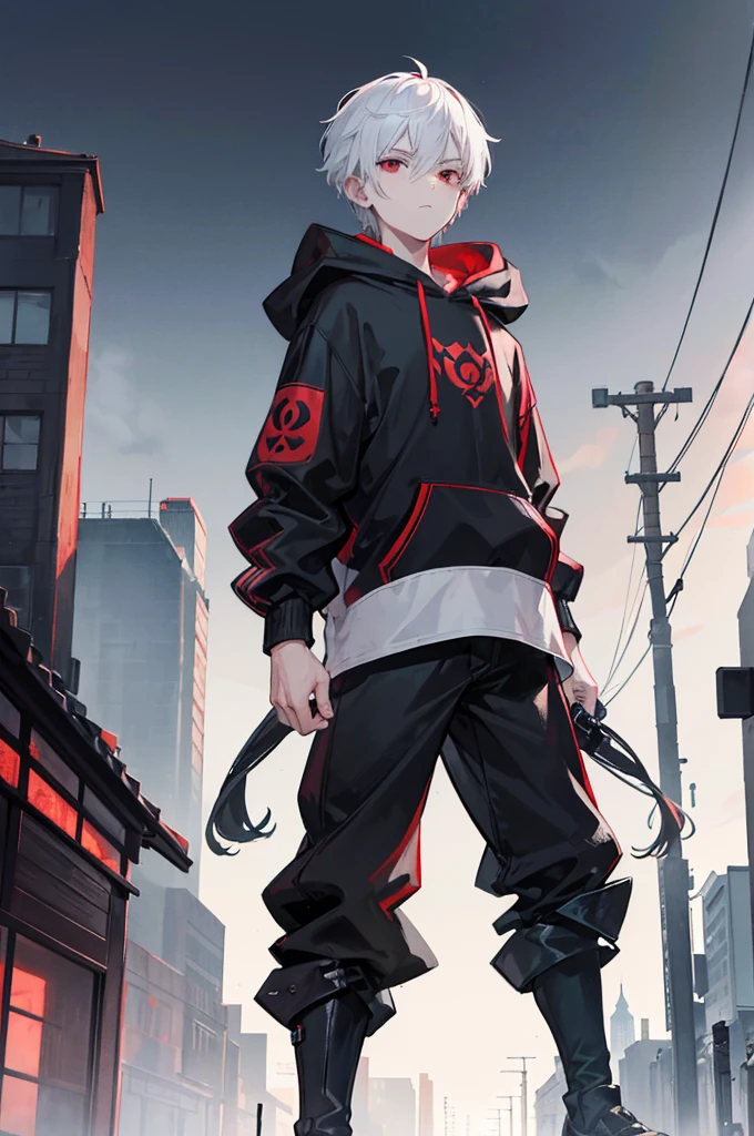 A young man with short white hair, red eyes, masculine face. Wearing a black hoodie with gray details. He is standing, looking to the side. On a center of a city. Dungeons and Dragons art direction, studio ghibli Style