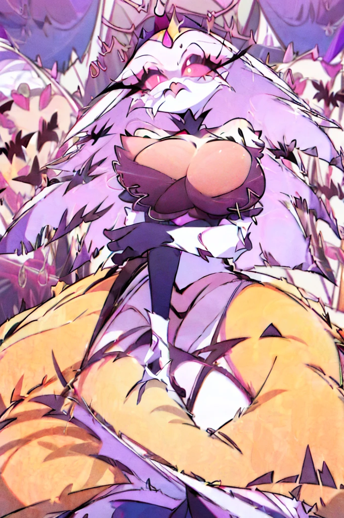 goetia women with magenta and black theme colors, red eyes,royal dress, big breasts, thick thighs, night sky, nsfw, queen