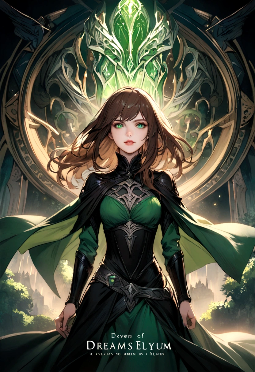 Dreams of Elysium title, dark fantasy, elven woman with long brown hair, dressed in black, green eyes, "dreams of elysium" written in runic font