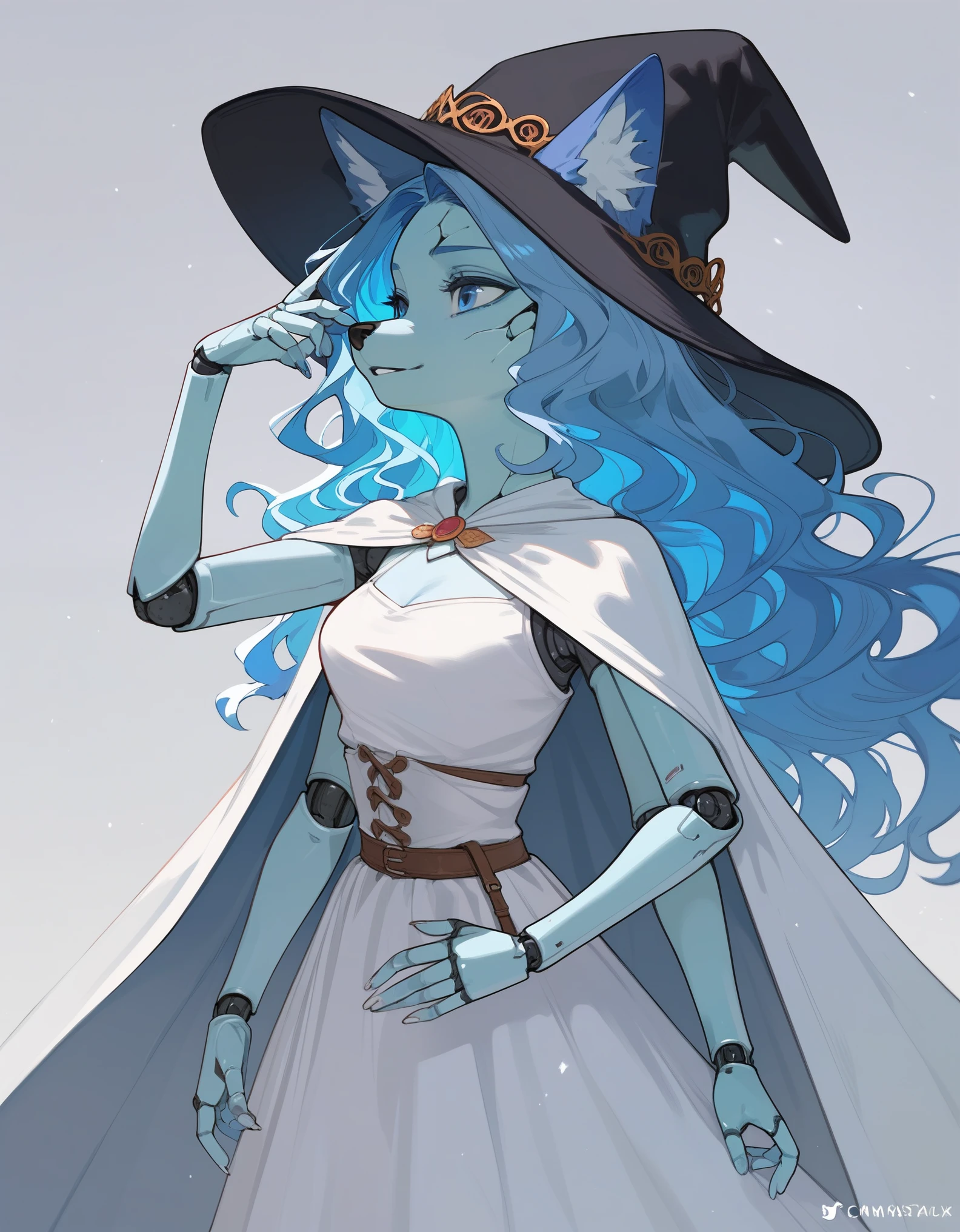 masterpiece, best quality, 1girl, solo, an Anthro furry blue fox girl, fox snout, black nose, IncrsXLRanni, wavy hair, cracked skin, colored skin, blue fur, extra arms, four arms, doll joints, white dress, hat, cloak, 