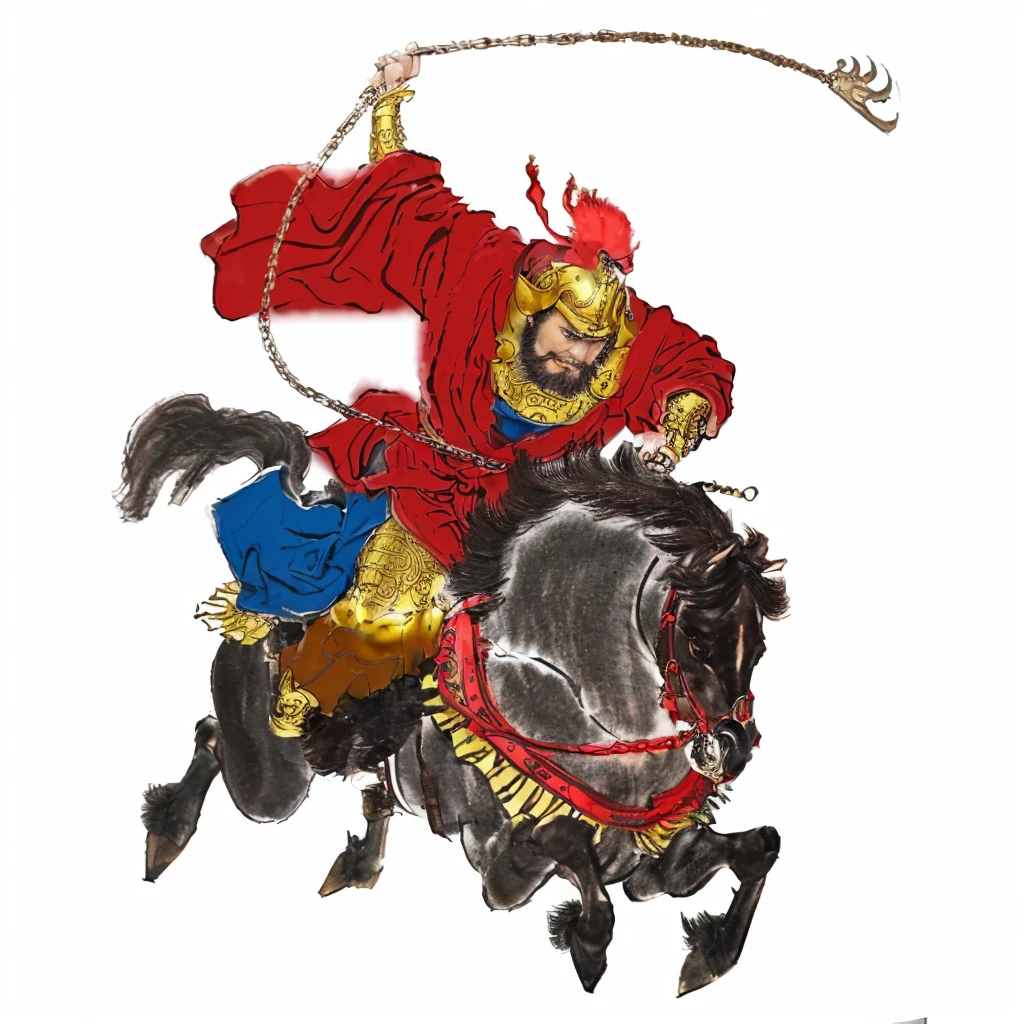 a big eyes chinese man with wild beard and thick eyebrow look at front, wearing red silky robe and brown pants, gold ancient armour, riding black horse, , brown pants, gold color boot, waving metal chain weapon with crawl hook,