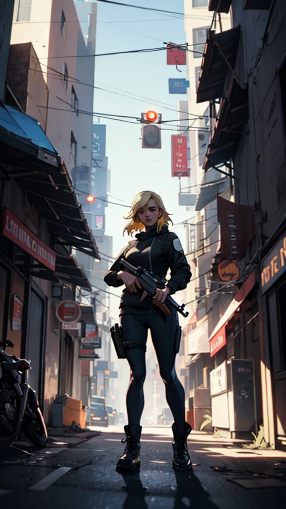GTAV Loading Screen 2D Graphics, wide angle, whole body, blonde girl holding an ak 47 and shooting, GTA5 character, cinematographic composition, in front of a city, shadow, bright cinematic lighting