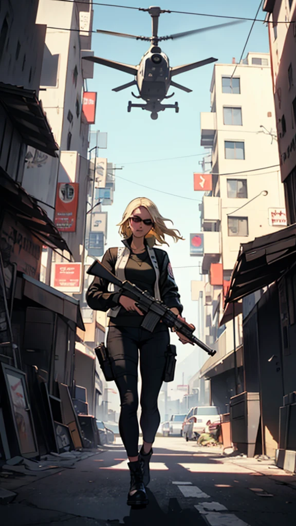 GTAV Loading Screen 2D Graphics, wide angle, whole body, blonde girl holding an ak 47 and shooting, GTA5 character, cinematographic composition, in front of a city, shadow, bright cinematic lighting