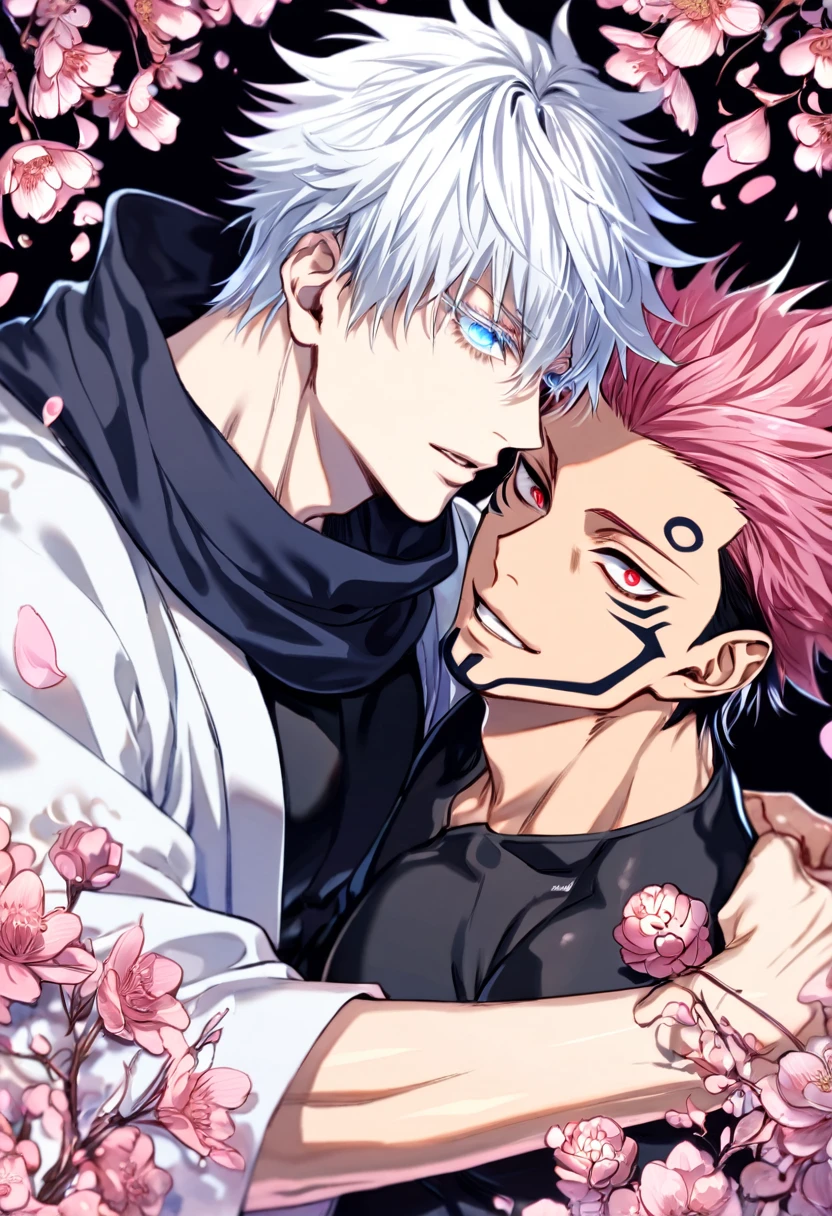 absurdres, highres, ultra detailed, HDR) master piece, best quality, Itadori Yuuji, pink hair, expressive brown eyes, Jujutsu Kaisen, Gojou Satoru, white hair, with bangs, expressive blue eyes, white eyelashes, two sexy men together, gay couple, yaoi, handsome, black clothes, toned chest, sensual, pink cherry blossoms, pink butterflies, blue sky, pink flowers