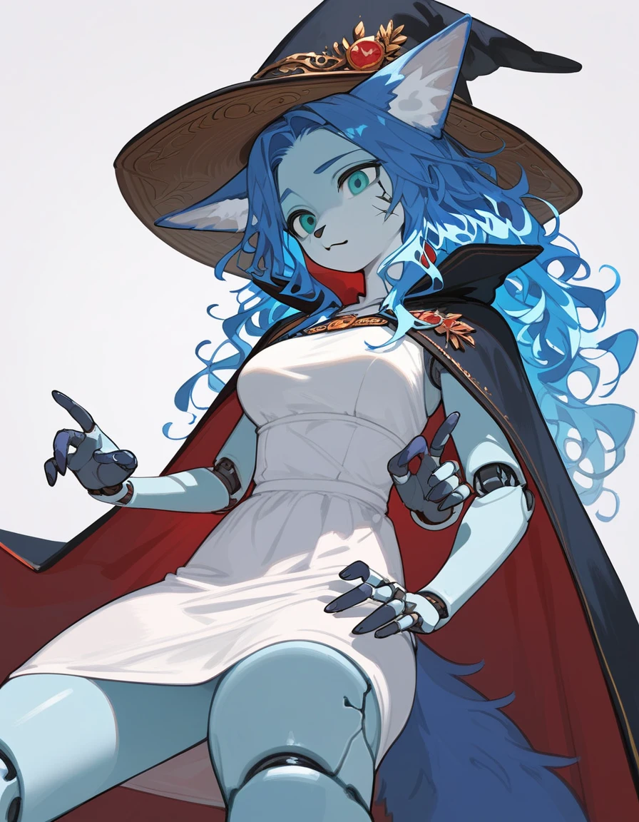 masterpiece, best quality, 1girl, solo, an Anthro furry blue fox girl, fox snout, black nose, IncrsXLRanni, wavy hair, cracked skin, colored skin, blue fur, extra arms, four arms, doll joints, white dress, hat, cloak, 