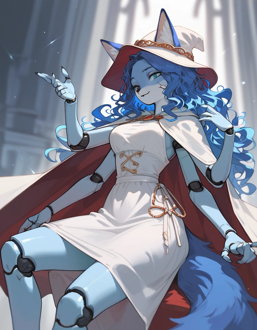 masterpiece, best quality, 1girl, solo, an Anthro furry blue fox girl, fox snout, black nose, IncrsXLRanni, wavy hair, cracked skin, colored skin, blue fur, extra arms, four arms, doll joints, white dress, hat, cloak, 