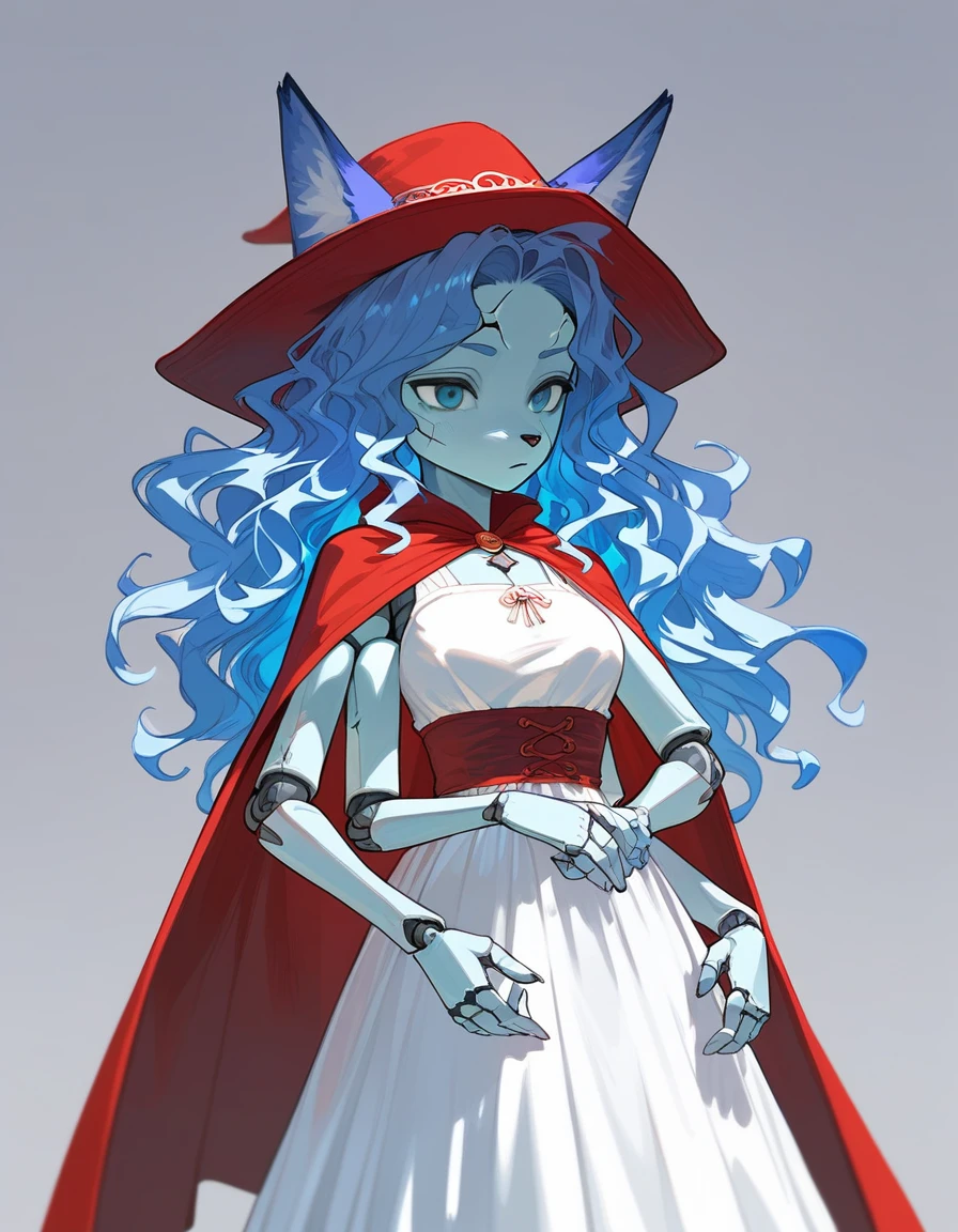 masterpiece, best quality, 1girl, solo, an Anthro furry blue fox girl, fox snout, black nose, IncrsXLRanni, wavy hair, cracked skin, colored skin, blue fur, extra arms, four arms, doll joints, white dress, hat, cloak, 