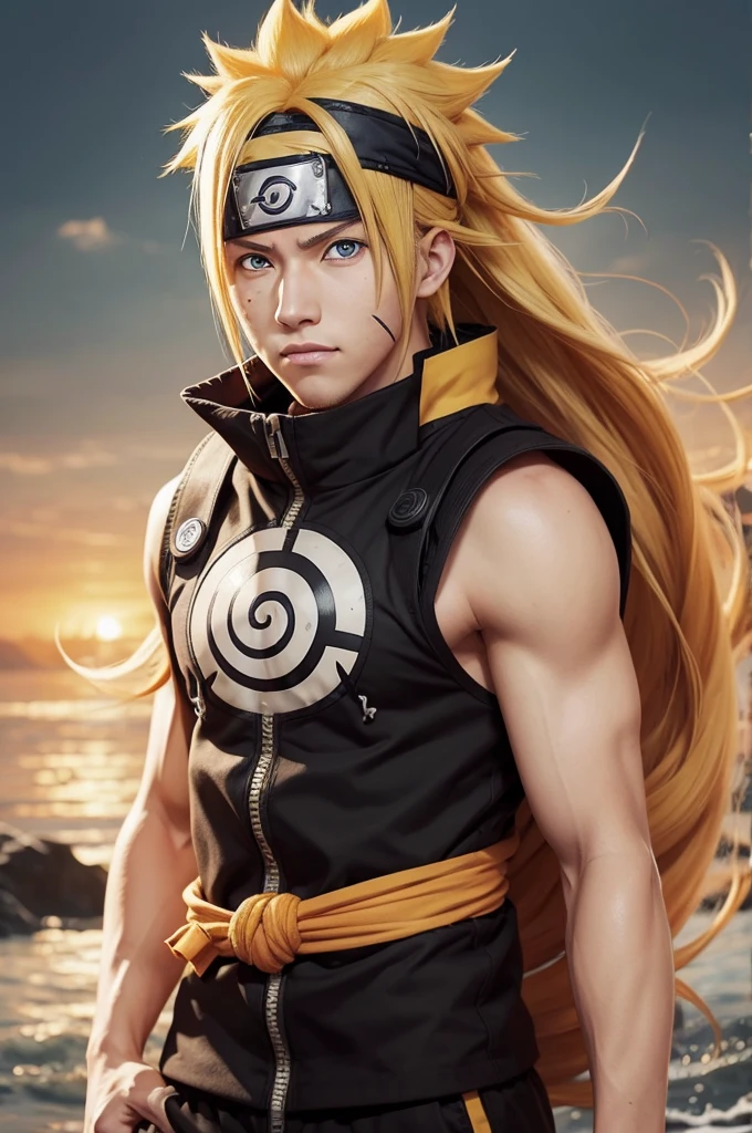 Naruto Uzumaki with long wavy hair and one white eye