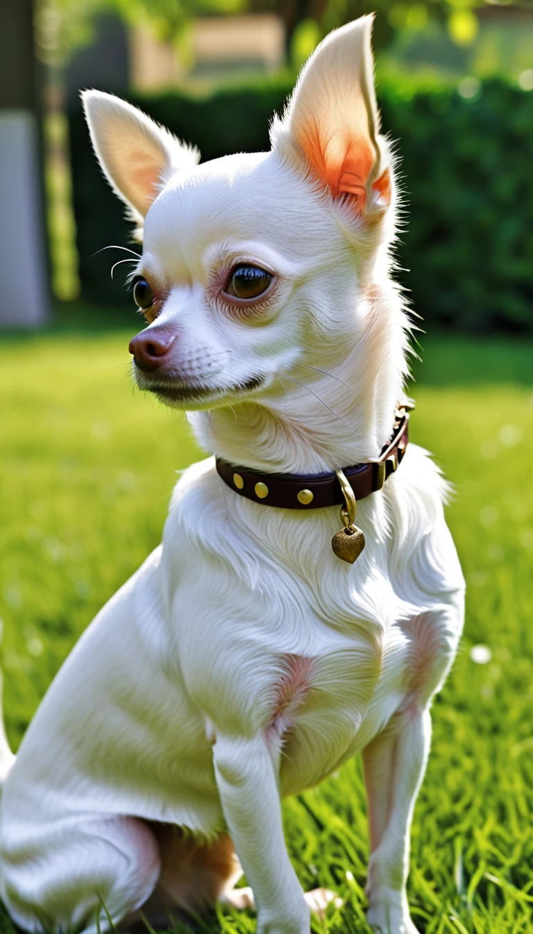 There is no one, realistic photo, photo realism, realism, Chihuahua (chihuahua), perfect composition, intricate details, Very sharp, masterpiece, profile, high resolution, looking at the viewer, Full body photo in garden background