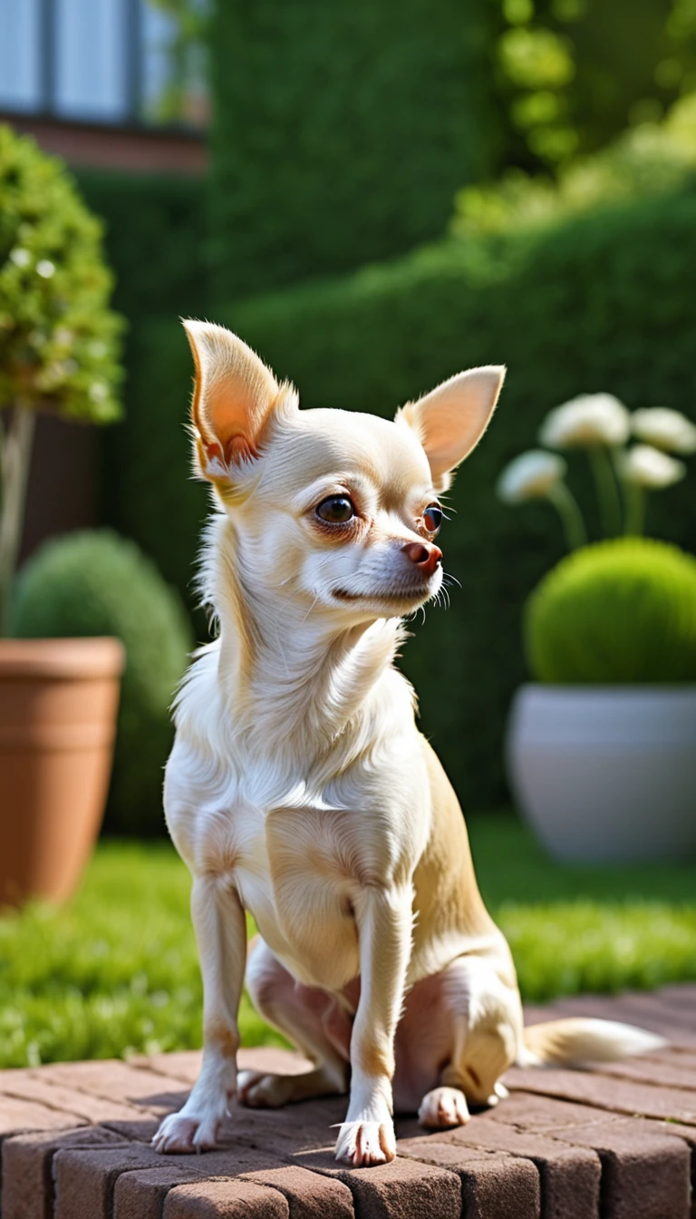 There is no one, realistic photo, photo realism, realism, Chihuahua (chihuahua), perfect composition, intricate details, Very sharp, masterpiece, profile, high resolution, looking at the viewer, Full body photo in garden background