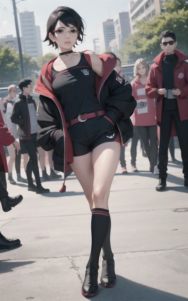 BARUTO_Timeskip_Uchiha_Sarada_ownwaifu, hand in pocket, 
1 girl, glasses, round glasses, black hair, black eyes, bangs, swept bangs, short hair, lips, medium breasts, thighs,
black choker, red and black soccer shirt, black soccer shorts, black cleats, soccer tights, soccer socks, 
((masterpiece)),((best quality)),(high resolution), bokeh, depth of field, landscape, focus, focused, looking at viewer, alone,