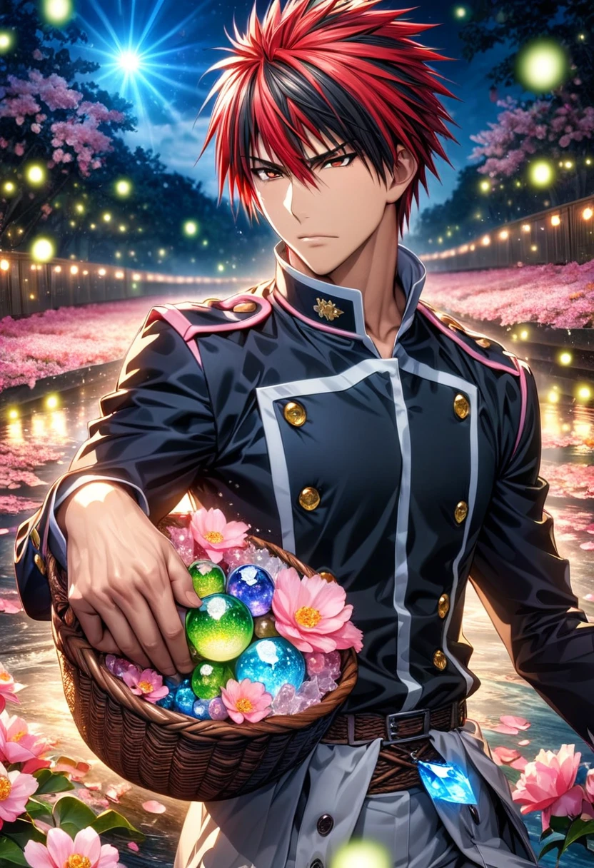 Ultra detailed, highres, absurdres, HDR, master piece, Kagami Taiga, red hair with black streaks, expressive red eyes, Kuroko No Basket, fantasy, pink petals, water, pink flowers, handsome, sexy man, solo, best quality, blossoms, blue shining fireflies, black basket uniform