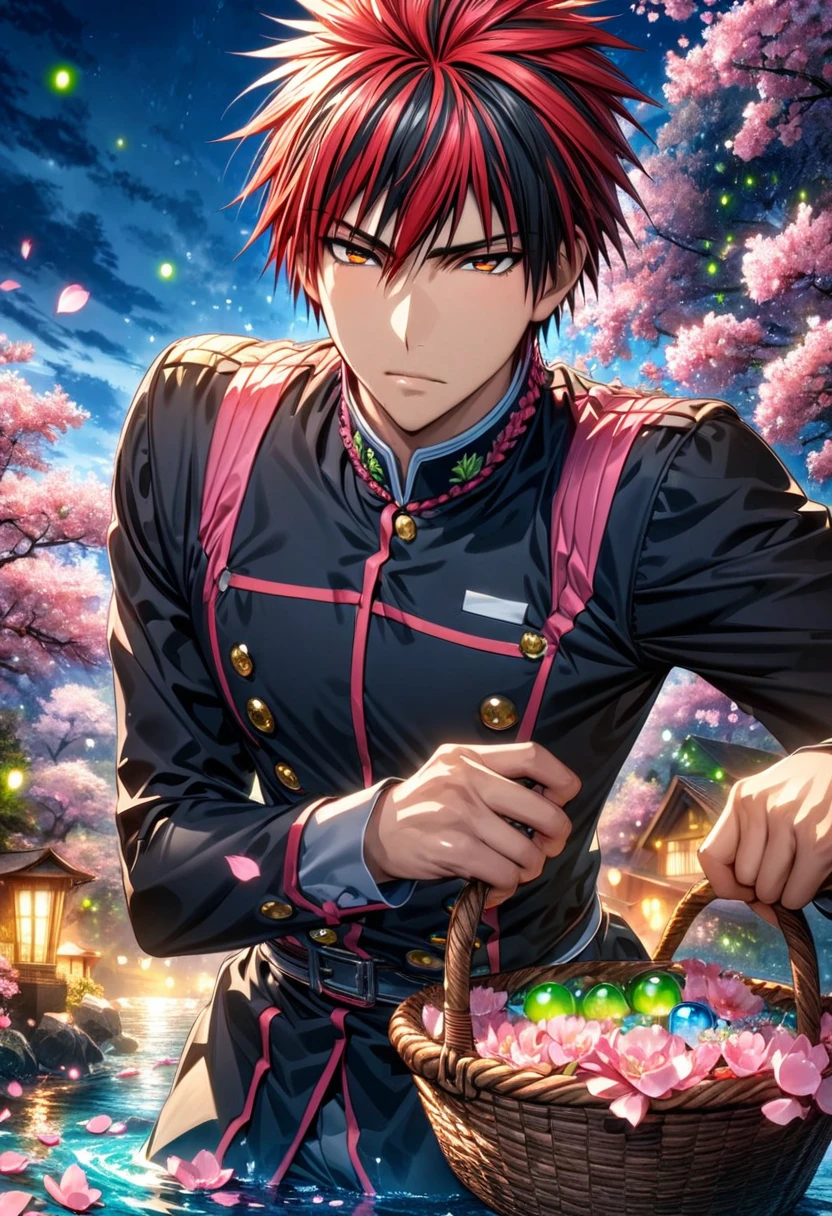 Ultra detailed, highres, absurdres, HDR, master piece, Kagami Taiga, red hair with black streaks, expressive red eyes, Kuroko No Basket, fantasy, pink petals, water, pink flowers, handsome, sexy man, solo, best quality, blossoms, blue shining fireflies, black basket uniform