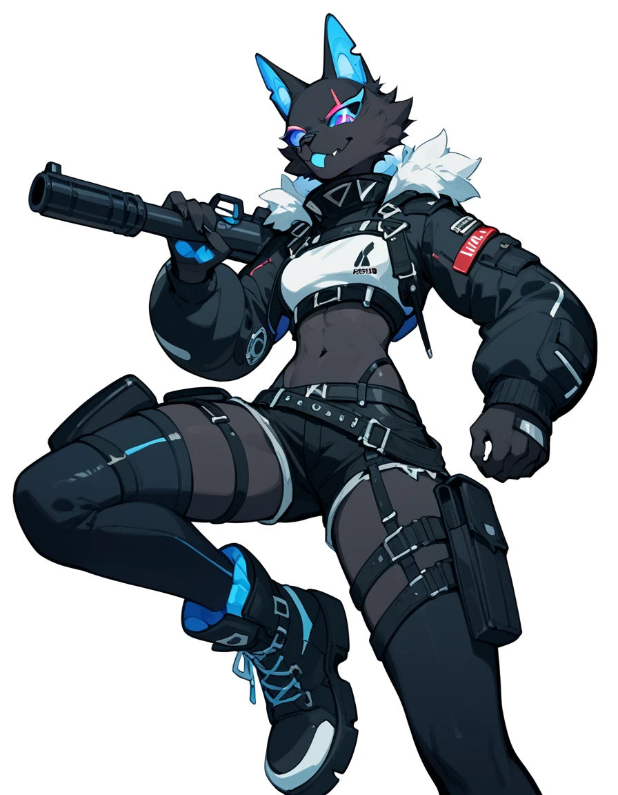 Anthro, furry female, blue inner ear, black fur, black body, blue sclera, wearing black military top, black short shorts, boots, grinning, simple white background, flat colors, 