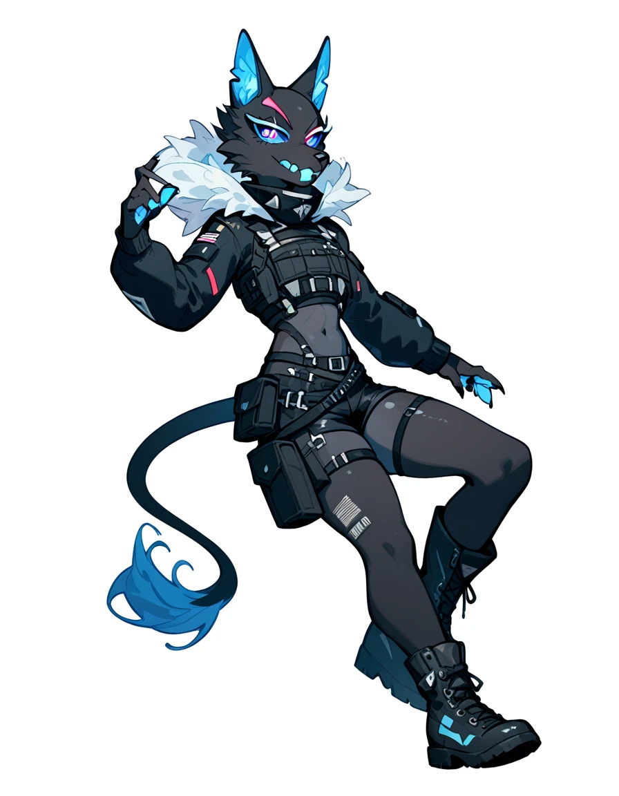 Anthro, furry female, blue inner ear, black fur, black body, blue sclera, wearing black military top, black short shorts, boots, grinning, simple white background, flat colors, 