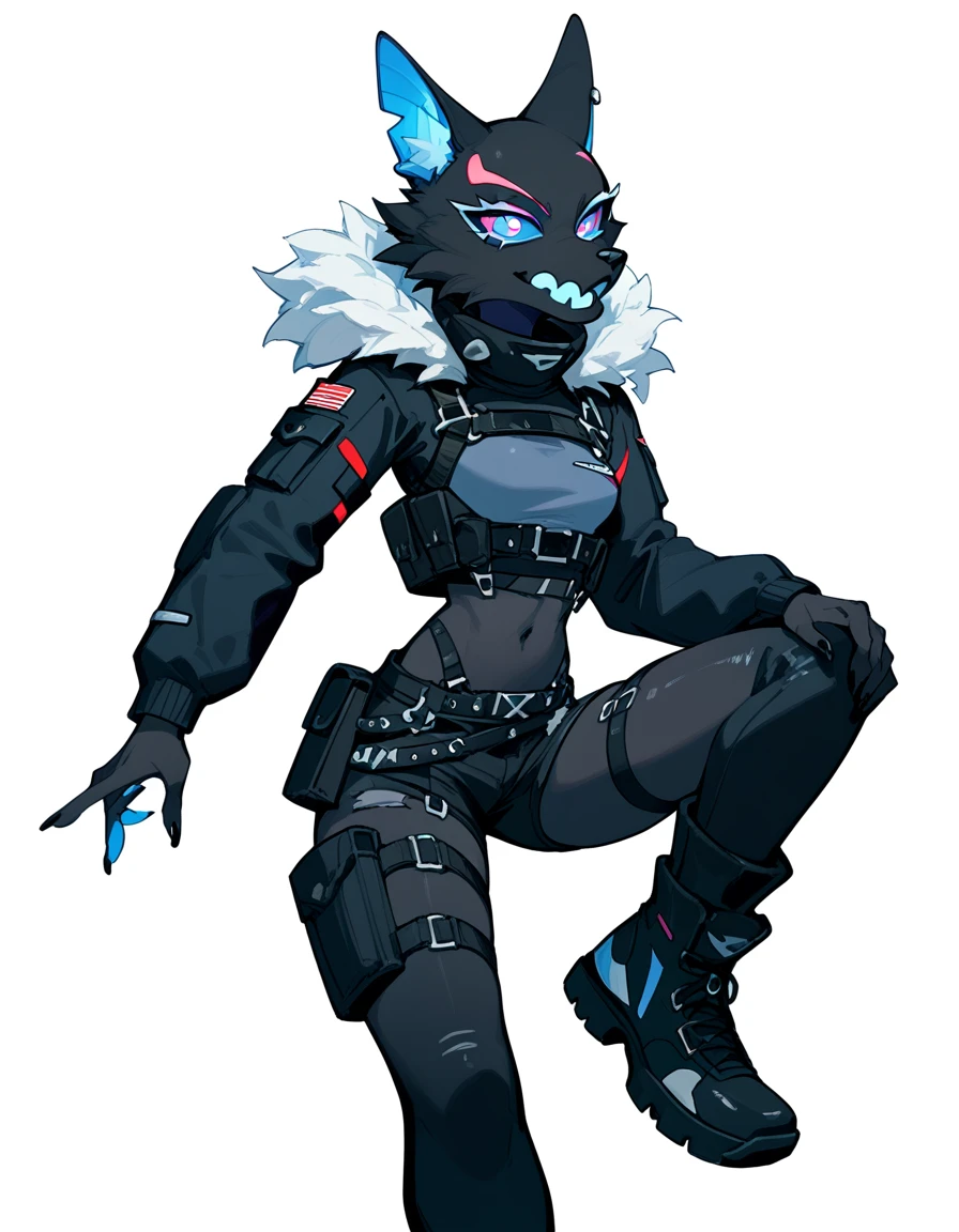 Anthro, furry female, blue inner ear, black fur, black body, blue sclera, wearing black military top, black short shorts, boots, grinning, simple white background, flat colors,