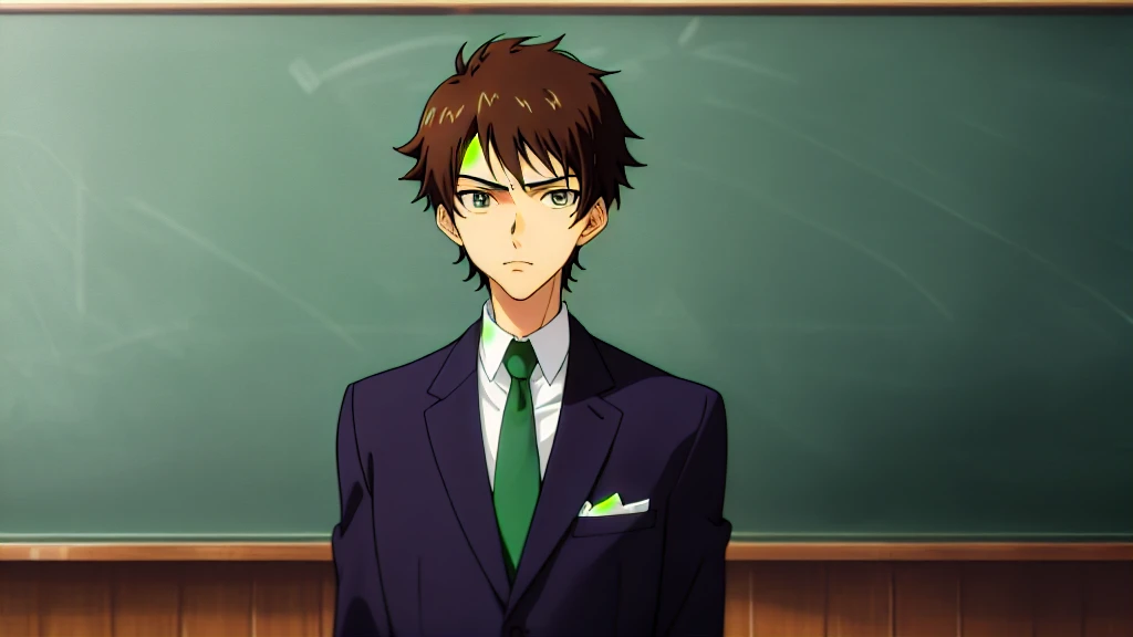 Teacher standing in front of the podium、Chalkboard at the back、Straight face、male、suit、Anime Style、Close-up of face