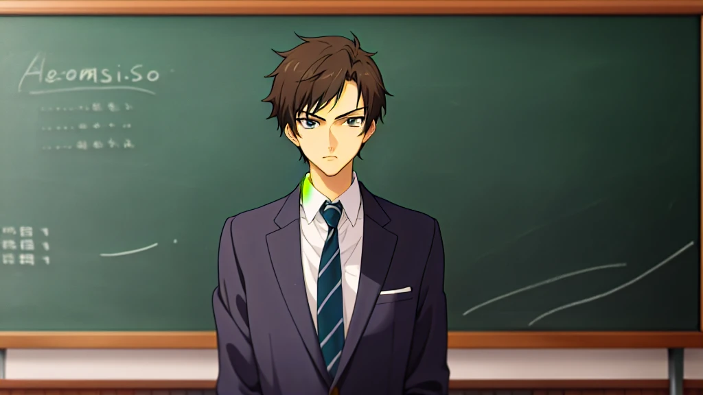 Teacher standing in front of the podium、Chalkboard at the back、Straight face、male、suit、Anime Style、Close-up of face
