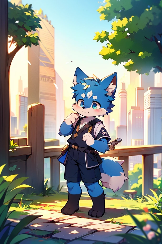 Blue fur, Canine, fox motif, boy, uniform,expensive，One person，Stand up on your own feet，expensive，Cityscape，expensive，，Rural Scenery，