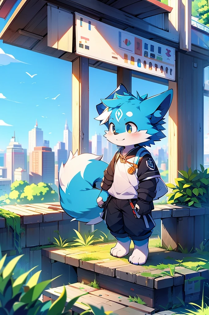 Blue fur, Canine, fox motif, boy, uniform,expensive,One person,Stand up on your own feet,expensive,Cityscape,expensive,,Rural Scenery,