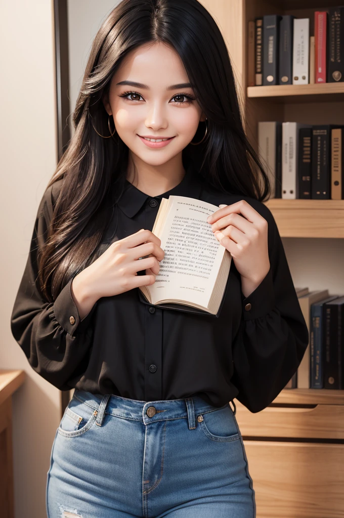 beautiful girl, smiling, brown eyes, long black hair, black skin, with black blouse, with jeans with a book in her hands motivation