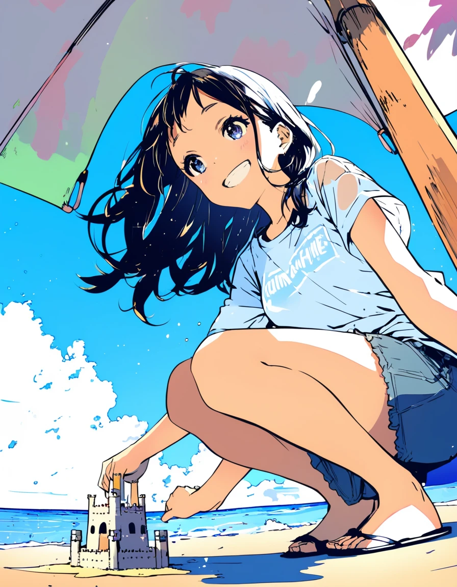 ultra-detailed:1.3, ultra delicate and detailed face:1.3, (absurdres, texture, masterpiece), from below, vibrant colors and pose, pixiv contest winner, by Posuka Demizu, dynamic manga-style illustration of slender girl is making sand castle on the beach in the middle of summer, She is squatting and looking up with big smile. the T-shirt over her bikini wet and transparent, the sparkling brightness and vitality of midsummer. 