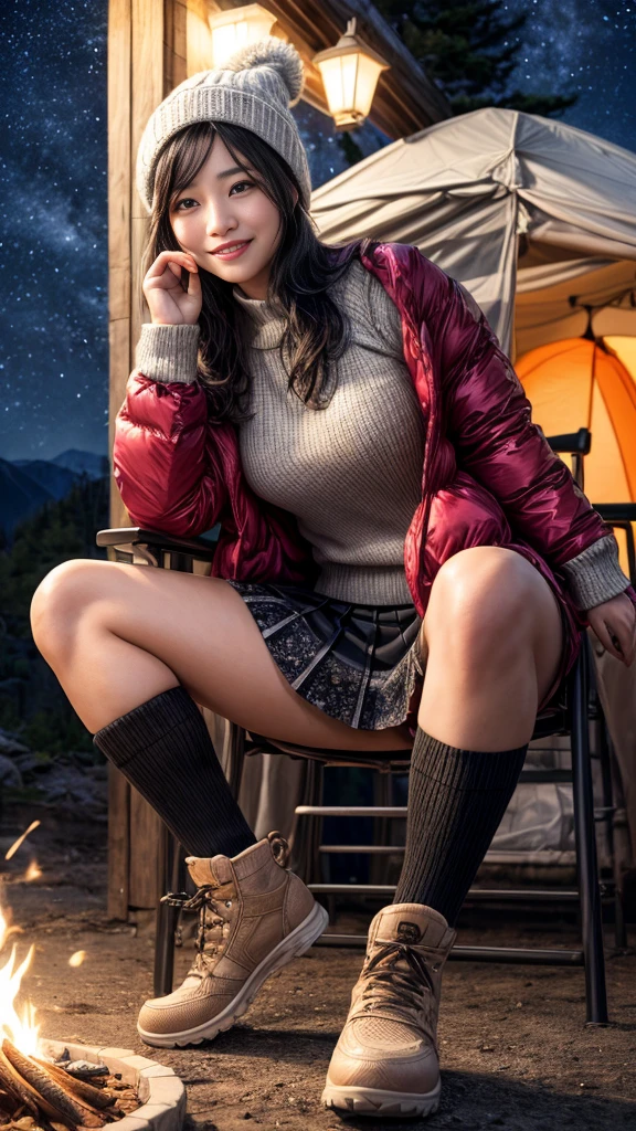 (((Night view)))、((White Breath、Beautiful starry sky、In the mountains、smile、in the forest、winter、A lot of tents))、Sit on a chair in front of the fire、Stainless Steel Mug、Outdoor、(((Front open down jacket:1.1)))、Wear a sweater、Knitted hat、(((mini skirt)))、(Leg warmers)、(Trekking shoes)、 table、((Big Breasts))、Steam rising from a mug、I feel it、Wavy long hair、((Black Hair))、High resolution、High resolution、In 8K、Real Live Action、RAW Photosgraphy、Highest quality、masterpiece、tableトップ、erotic,White skin,knees, Absurd,Small face、masterpiece,Highest quality、超High resolution,RAW Photos,One person, One personで,whole body、very nice、Japanese women,(Realistic:1.4)、Photon Mapping、Realistic、Beautiful woman、Physics-based chiselling、Qianfang、Depth of field rally background、 Soft Nose, Sparkling eyes、Glossy Lips、((Grab your skirt))、Spread your legs、(The detailed design of the black lace pink panties is visible.)、