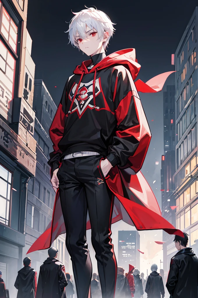 A young man with short white hair, red eyes, masculine face. Wearing a black hoodie with gray details. He is standing, looking to the side. On a center of a city. Dungeons and Dragons art direction, studio ghibli Style