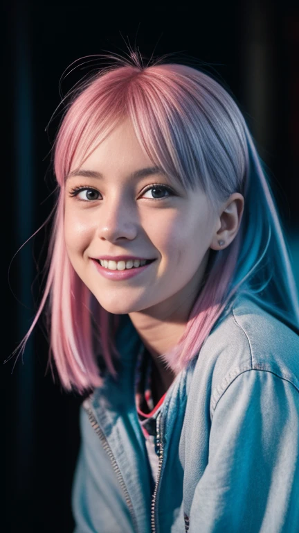 Close up of kfukvf-1990, smile, Blue and pink hair, Portrait of a person, Inspired by Cindy Sherman, Unsplash, Red and Cinematic Lighting, Young teenage girl portrait, Fisheye Portrait, XF35mmF1.4R, f/2.8, 35.0mm, 1/200, ISO500