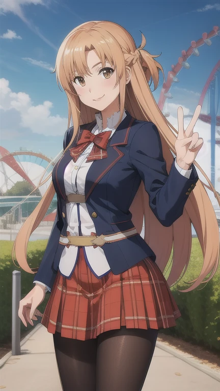 masterpiece, best quality, highres, looking at viewer, ddasuna, long hair, brown hair, hair ribbon, brown eyes, red bowtie, blue jacket, blazer, long sleeves, plaid skirt, brown skirt, pantyhose,
 peace sign, amusement park, smile, standing 