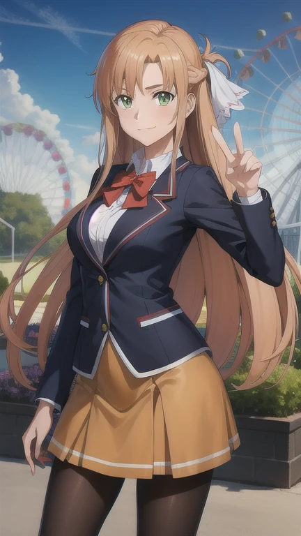 masterpiece, best quality, highres, looking at viewer, ddasuna, long hair, brown hair, hair ribbon, brown eyes, red bowtie, blue jacket, blazer, long sleeves, plaid skirt, brown skirt, pantyhose,
 peace sign, amusement park, smile, standing 