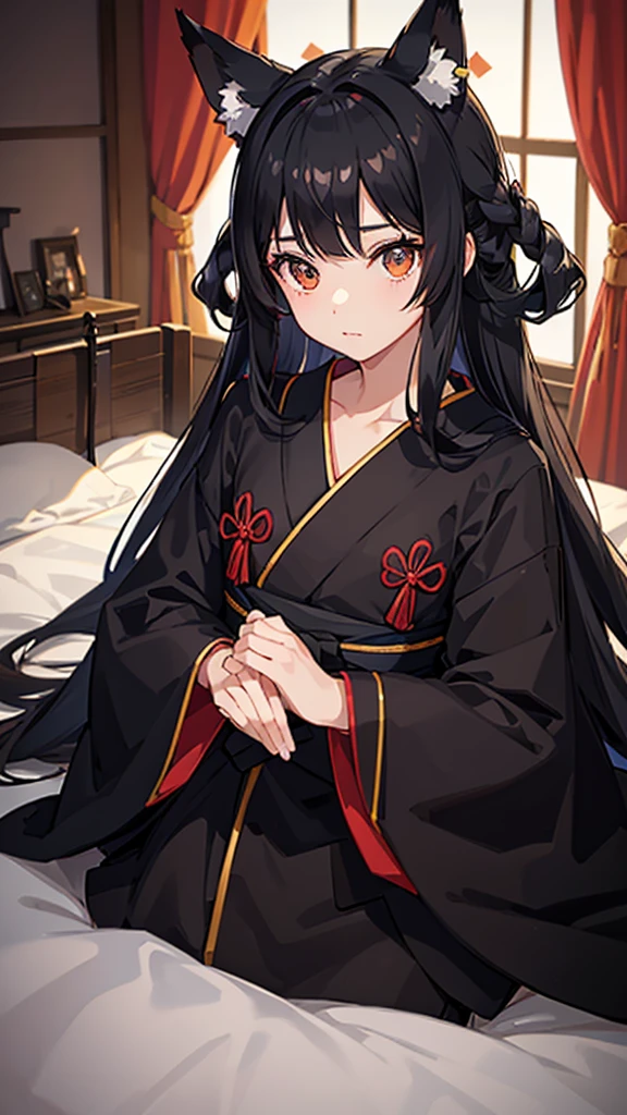 Black hair and fox ears、アニメ、One woman、Black Ribbon、kimono、kimono、hime cut、アニメ tone、beautiful girl、best quality、high quality、good anatomy、good hands、good body、Face down, face up, looking at the camera、On the bed、pillow、curtain、Alarm Clock、early morning