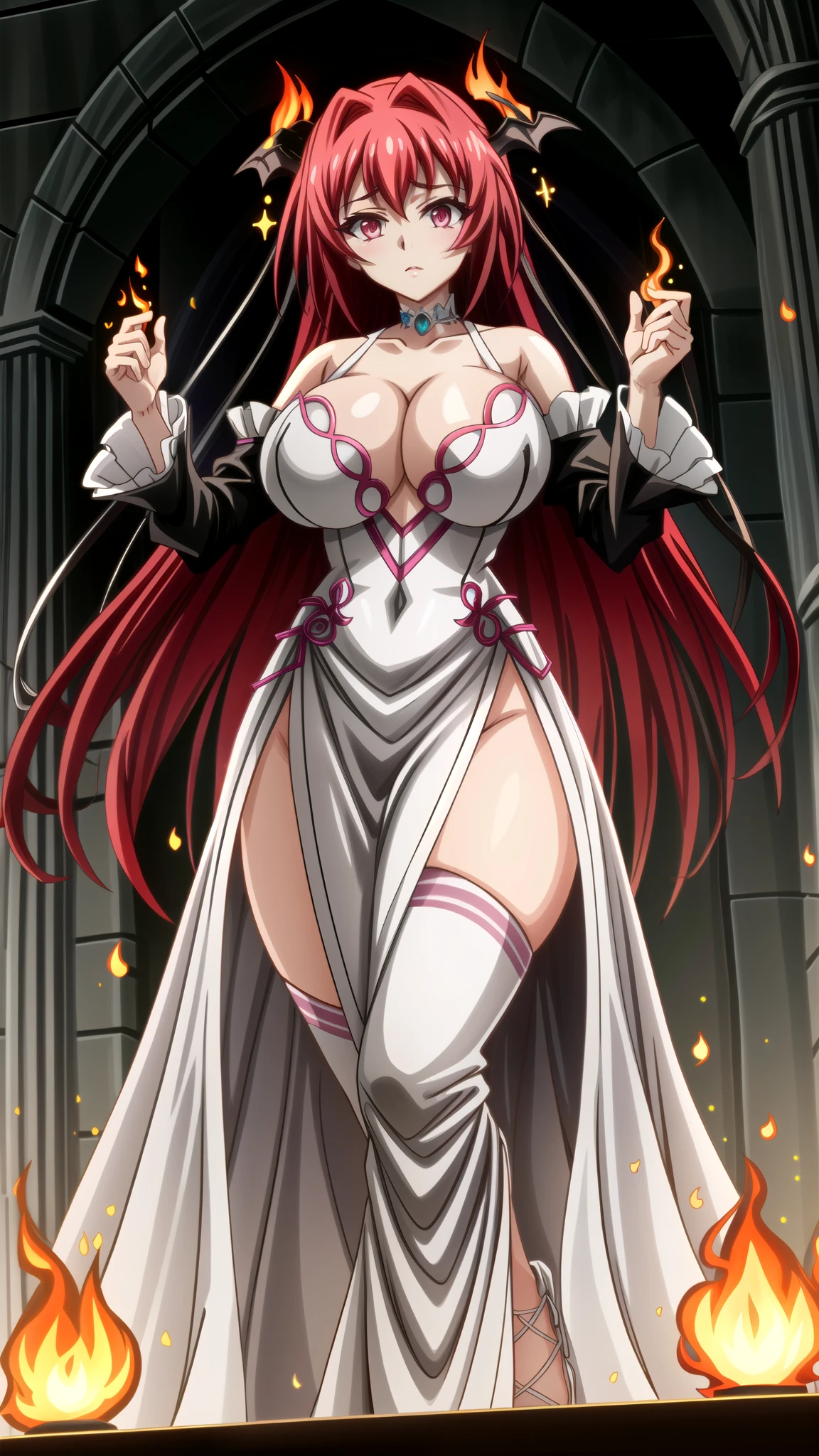 ,(Masterpiece),(Best Quality),(ultra detailed),(best illustration),(best shadow),(absurdities),(detailed background), ((succubus costume)), ((sensual and seductive pose)), My Naruse, 1 girl,
In the dimness of a nocturnal palace, an exceptionally beautiful figure commands attention. Her hair, fiery red like flames, cascades in soft waves down to the middle of her back, subtly gleaming with every movement. Her eyes, a deep and enigmatic shade of red, seem to reflect the starlight, captivating anyone who meets their gaze.
Dressed as a succubus of dreamlike royalty, she wears a gown that delicately hugs every curve with grace and elegance. The dress is adorned with black lace that contrasts beautifully against her pale skin, enhancing her feminine form with sophistication. Long, sheer chiffon sleeves sway gently in the night breeze, creating an aura of mystery around her.
Her face, sculpted like that of a goddess, is adorned with subtle makeup that enhances her high cheekbones and lips as red as blood. A faint smile plays upon her lips, full of promises and secrets. Her hands, delicate and elegant, are adorned with silver rings that gently sparkle under the moonlight.
Around her, the nocturnal palace reveals itself in all its splendor, with towering columns and intricate archways that fade into shadows. Windows are draped with black velvet curtains, and torchlight flickers and casts shadows that seem to dance to the rhythm of her presence.
This figure, with her extraordinary beauty and an aura of seductive charm, appears to be in harmony with the night itself, exuding an irresistible blend of elegance and danger, as if capable of fulfilling any wish formed within that magical and enigmatic atmosphere.