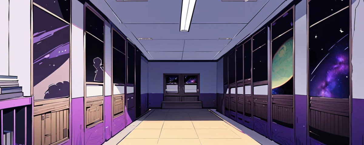 A room that resembles a bedroom. It has a window at the bottom that gives a view of a galaxy. On one side are several books. The other sides are practically a quarter. There are some posters of demon silhouettes. The default color of the room is purple. There are some paintings with silhouettes of a girl with devil horns and long hair, but it could be a silhouette and you can't see it.