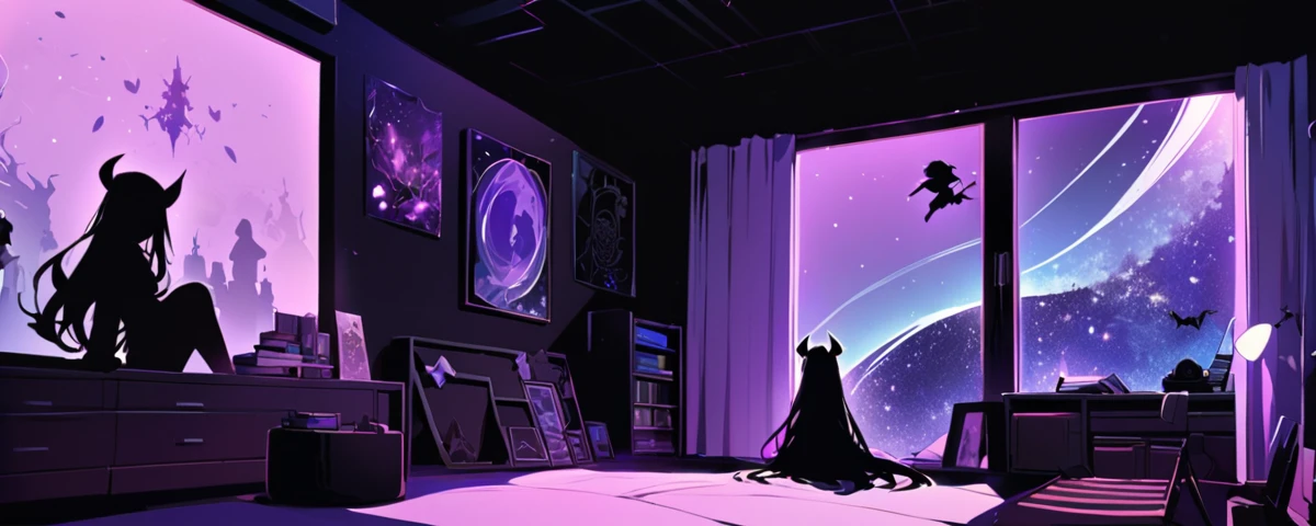 A room that resembles a bedroom. It has a window at the bottom that gives a view of a galaxy. On one side are several books. The other sides are practically a quarter. There are some posters of demon silhouettes. The default color of the room is purple. There are some paintings with silhouettes of a girl with devil horns and long hair, but it could be a silhouette and you can't see it.