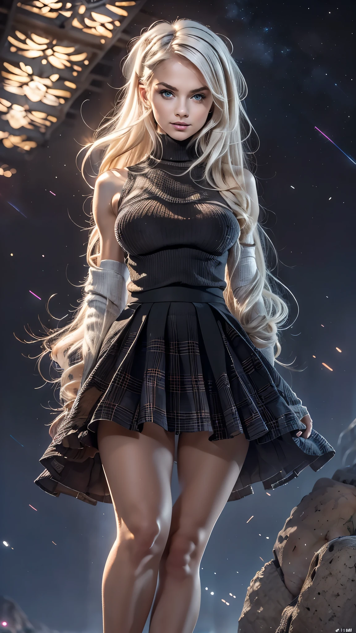 (((masterpiece:1.4, Best Quality:1.4, 8K,))), ultra high res, Physically Based Rendering, Portrait, ultra Beautiful Sexy Woman, 24yo, Detailed large eyes, detailed thin eyebrows, Highlights in the eyes, no makeup, (white hair, Long straight hair with curled ends, hair behind ears, Hair flying in the strong wind), Highly detailed facial and skin texture, Clear focus:1.2, perfect style body, Slender beauty:1.4, ((gigantic breasts:1.7)), Slim abs, narrow waist, Clear facial features, (smile), (sleeveless turtleneck black sweater:1.5, cropped, underboob:1.2, plaid pleated miniskirt:1.4, skirt lift:1.8, black stockings:1.2, no panties:1.4), slim and long beauty legs, ((standing with spread legs:1.4)), (detailed beautiful pussy exposed:1.4, pubic hair:1.5, cum in pussy:1.6), looking at viewer, ((night view scenery, starry skies:1.4, backlit)),