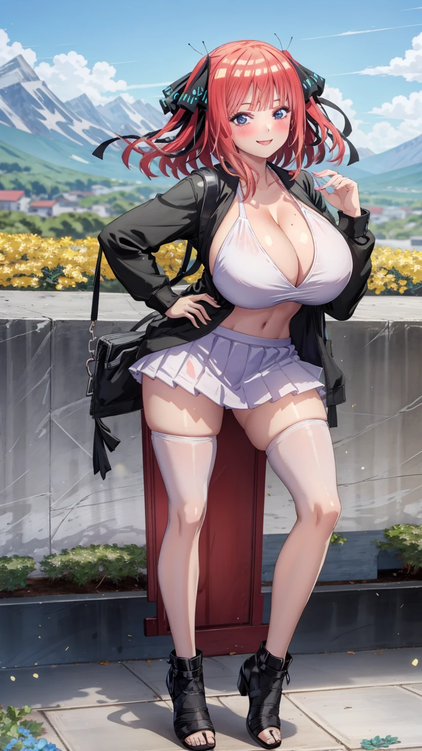 1 girl, very big breasts, very sexy body, 1 girl in, a smile, looks at the viewer, black shirt, super short white school miniskirt, full body, giant breasts, cleavage, giant breasts, heels, background in the mountains 1 girl , with big breasts. long legs QUEEN huge tits, (cleavage), high legs, (standing), sexy and muscular body. short skirt.4k hd