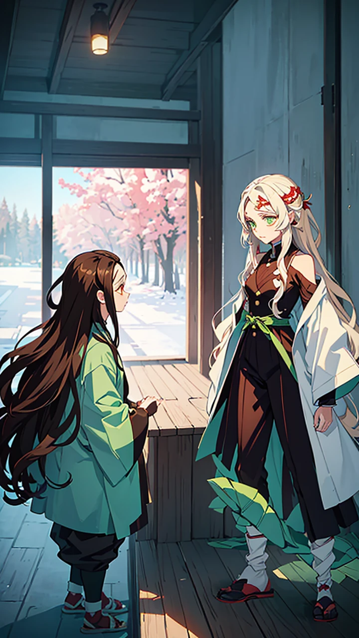 (Best quality:1.3), (a woman:1.1), (green eyes:1.2), (brown long straight hair:1.4) (manga style:1.5) En el estilo de Kimetsu no Yaiba, The girl with long white hair with red streaks and yellow eyes, beautiful and delicate features, in a fighting position next to her brother, the brother has long white hair with a single red streak, both in a fighting stance with katanas, wearing the clothes of combat in Kimetsu no Yaiba, the brother is taller than the sister