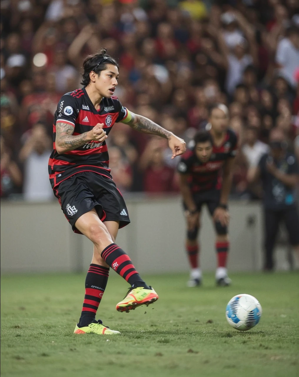 Create an ultra-realistic image of a young soccer player signing a contract with Flamengo from Rio de Janeiro. The player is sitting at a table, holding a pen and looking directly at the camera. He has vibrant blue hair and a vibrant blue beard, and is wearing a black jacket with a zipper. In the background, there is a panel with the logos of Flamengo and its sponsors, highlighting the significance of the contract signing moment with the club.