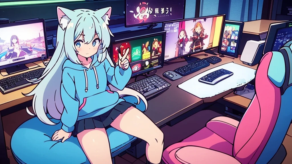 1 beautiful girl, great image quality ,nekomimi, with lots of detail, ray tracing, in a gaming,outfit hoodie, short pleated mini skirt, gamer, long stockings, blue eyes, blue hair long, , in a neon room, PC gaming, perfect anatomy,