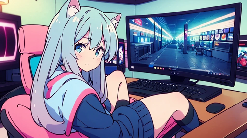 1 beautiful girl, great image quality ,nekomimi, with lots of detail, ray tracing, in a gaming,outfit hoodie, short pleated mini skirt, gamer, long stockings, blue eyes, blue hair long, , in a neon room, PC gaming, perfect anatomy,