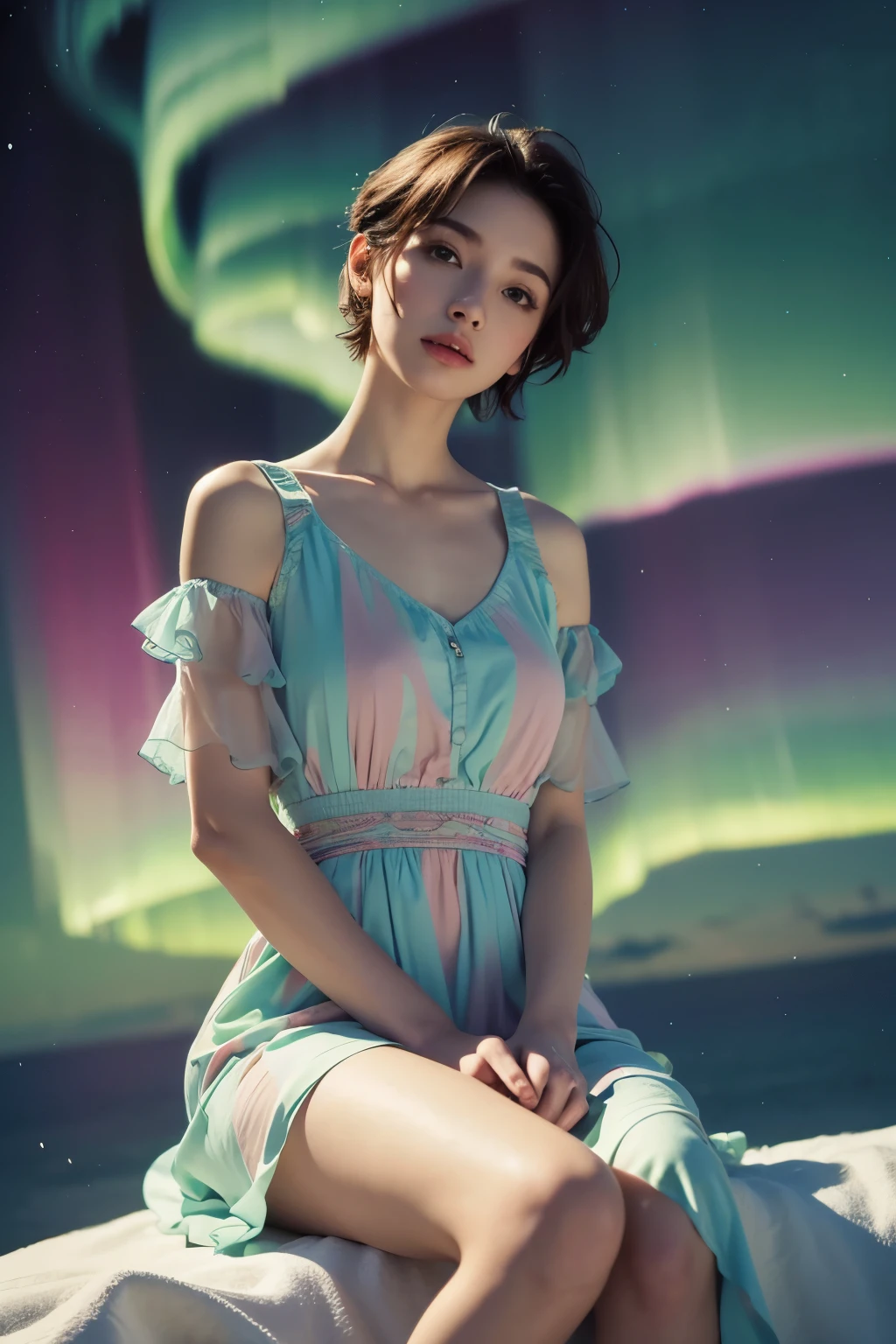 8K, masterpiece, Beautiful woman wearing a multicolored dress sitting on a cloud in the sky, hyperrealism, Aurora, short cut hair,